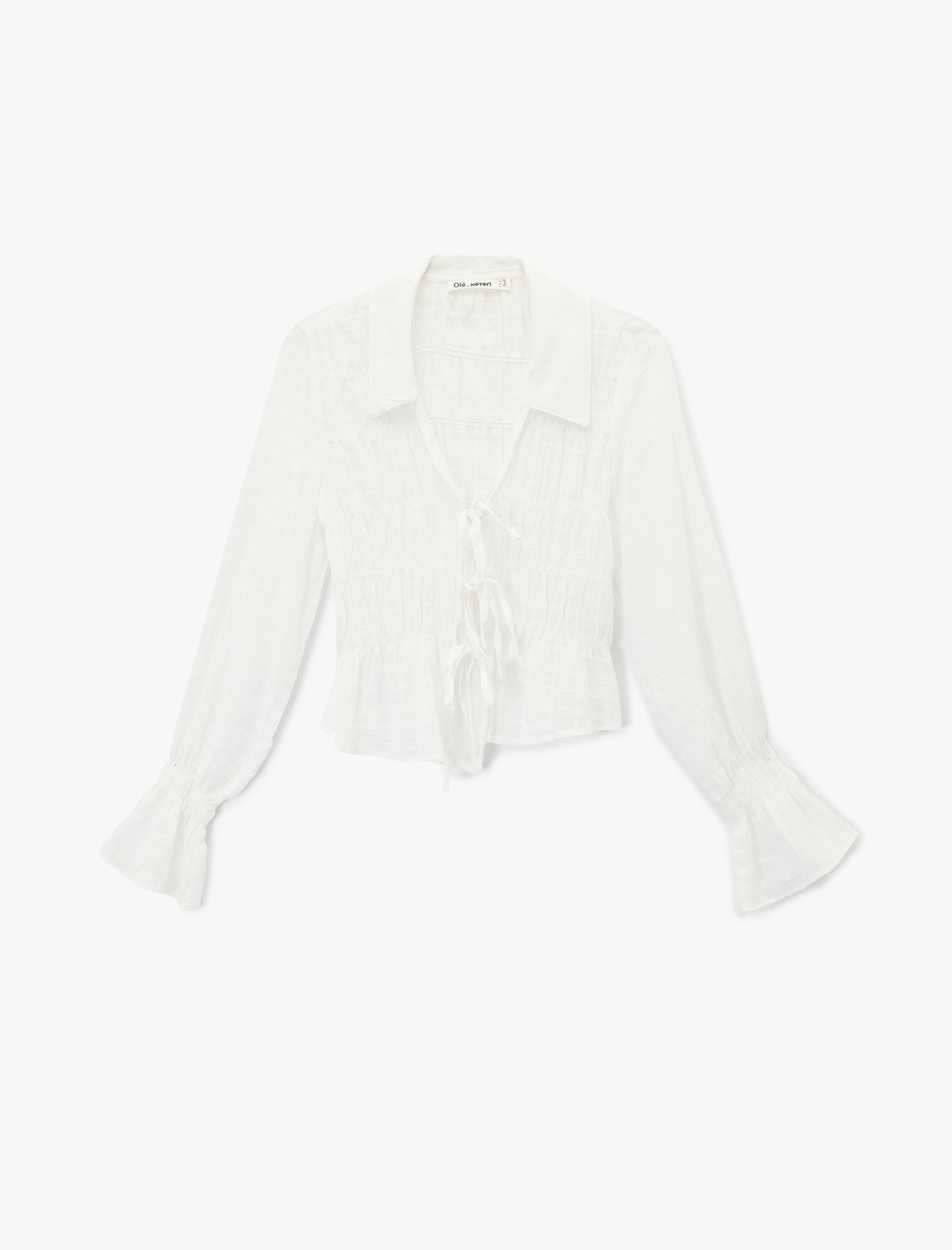   Fiyonklu Bağlama Detaylı Uzun Balon Kollu Gömlek Yaka Ekoseli Bluz