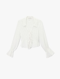 Fiyonklu Bağlama Detaylı Uzun Balon Kollu Gömlek Yaka Ekoseli Bluz