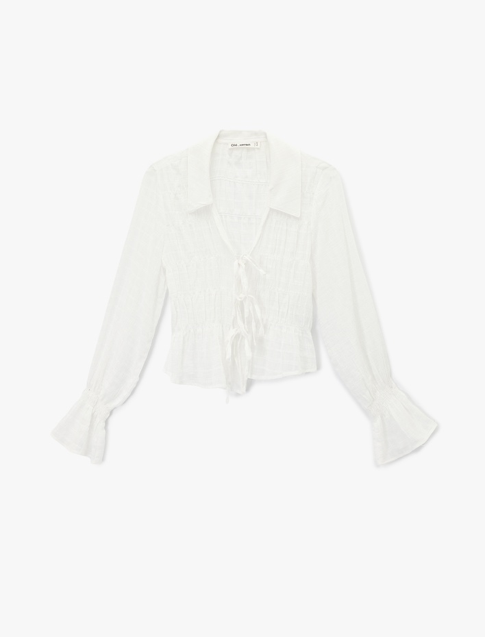  Fiyonklu Bağlama Detaylı Uzun Balon Kollu Gömlek Yaka Ekoseli Bluz