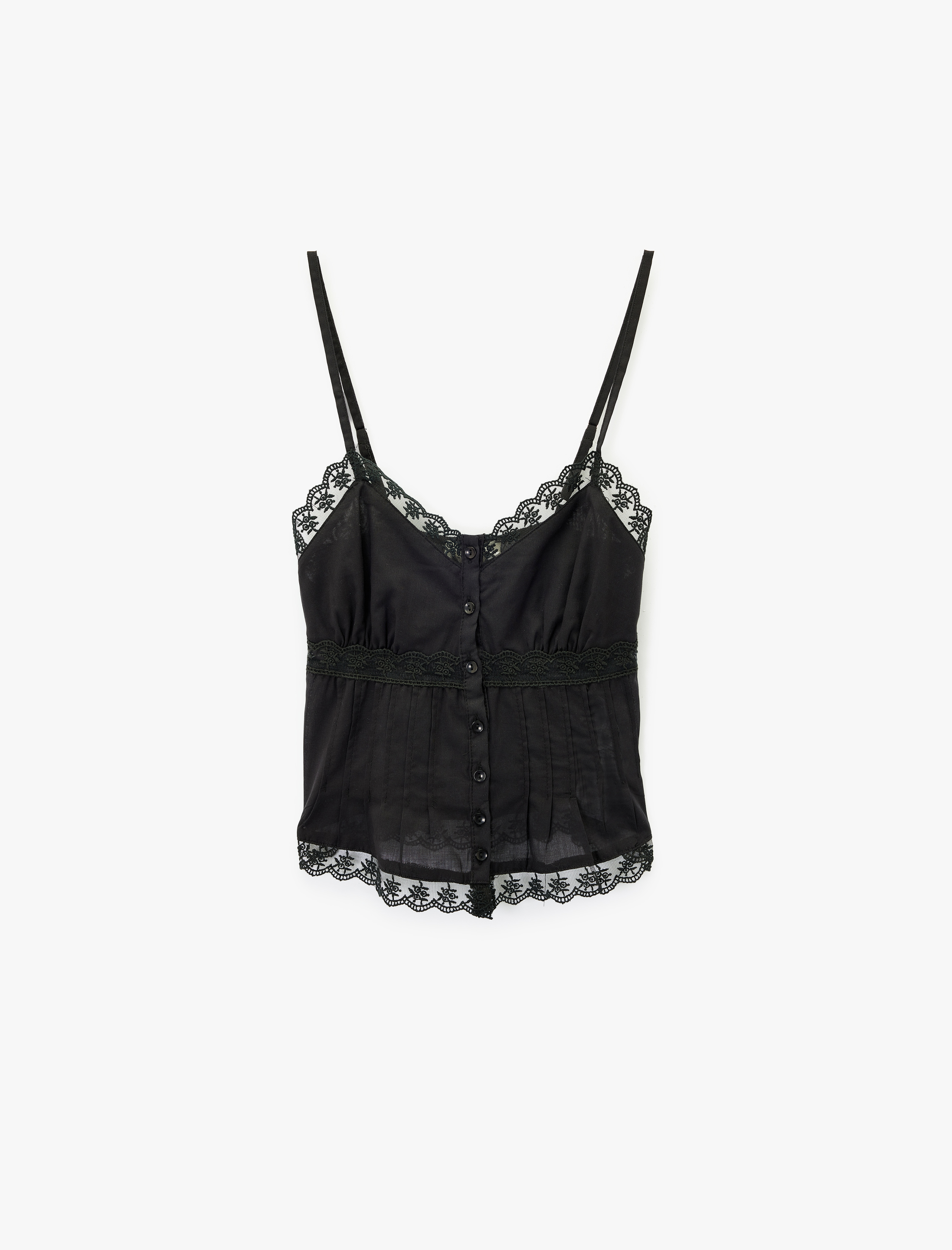   Dantel Detaylı İp Askılı Düğmeli V Yaka Bluz