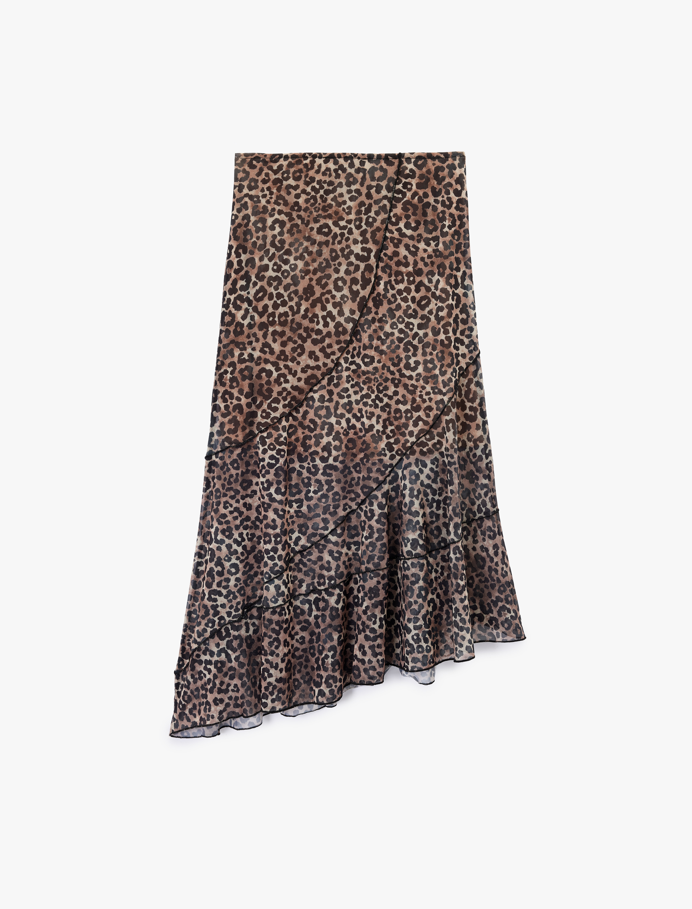   Asimetrik Kesim Katlı Leopar Desenli Midi Etek