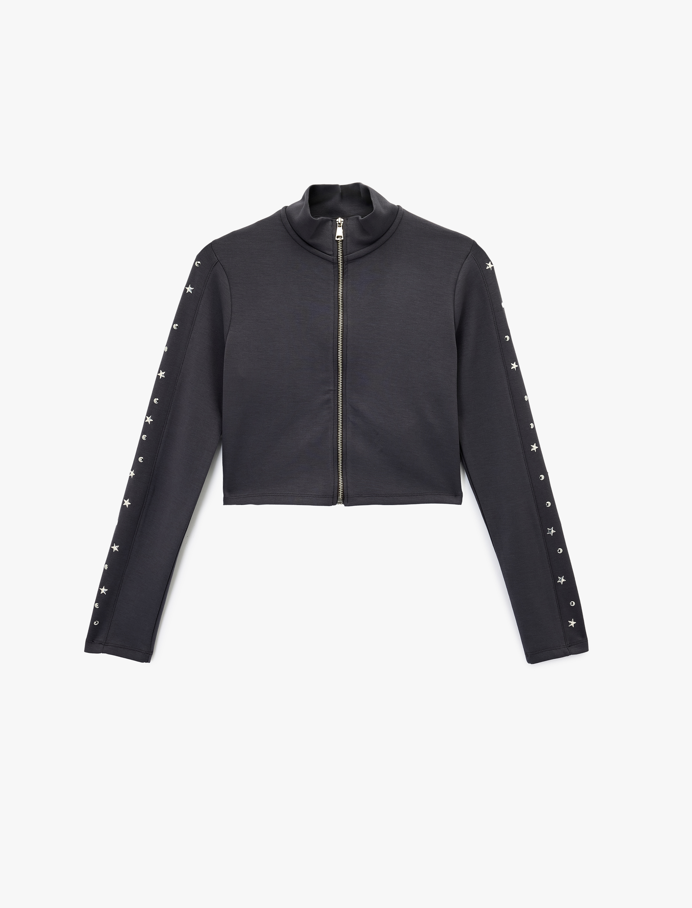   Slim Fit Fermuarlı Uzun Kollu Dik Yaka Yıldız ve Zımba Detaylı Crop Hırka