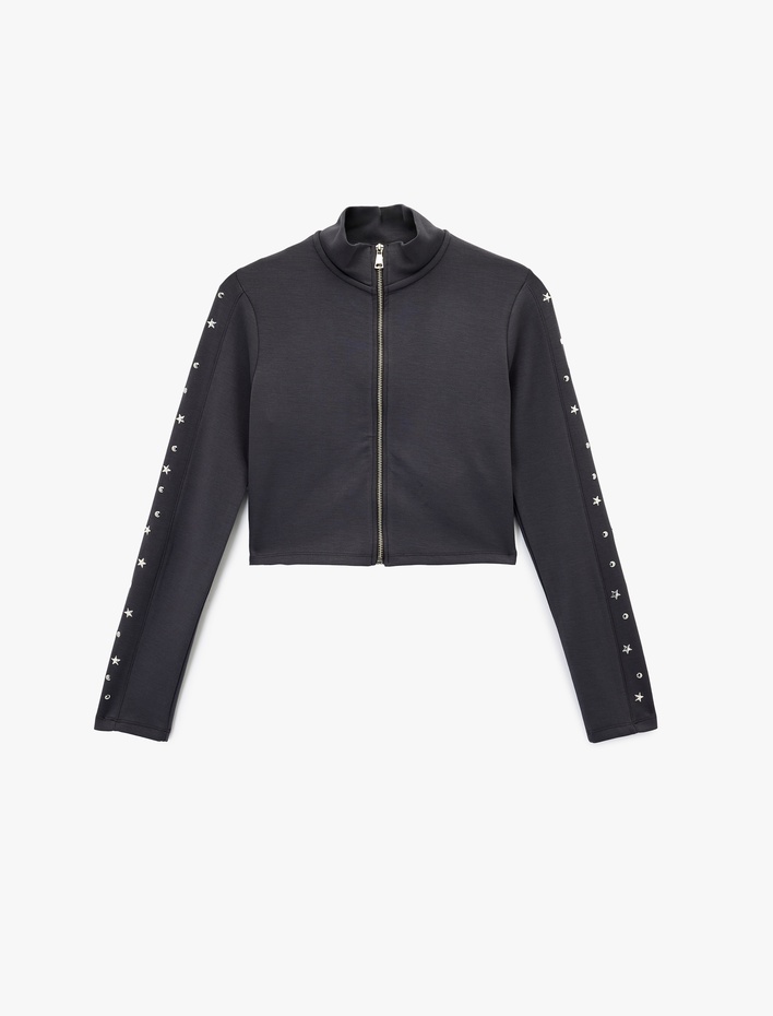  Slim Fit Fermuarlı Uzun Kollu Dik Yaka Yıldız ve Zımba Detaylı Crop Hırka