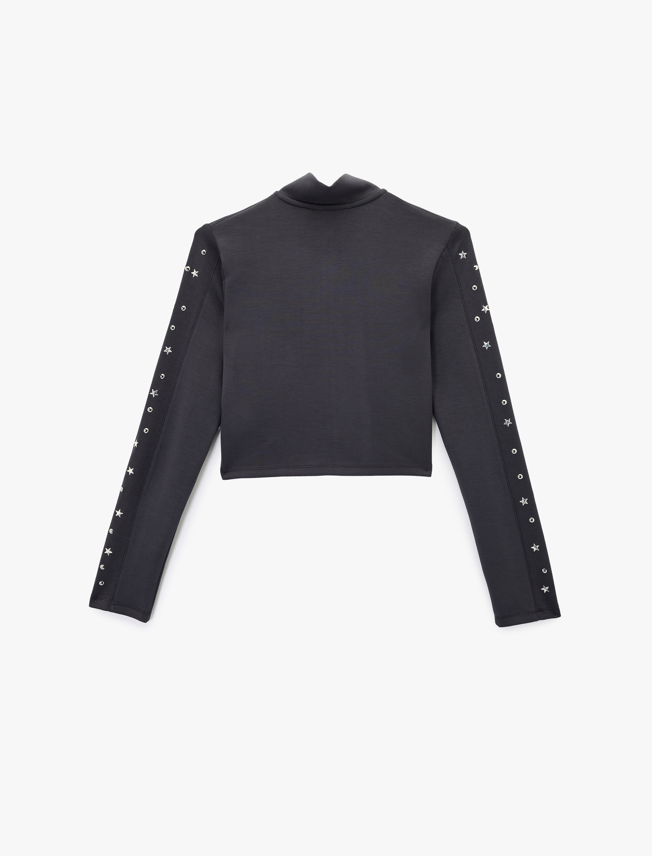   Slim Fit Fermuarlı Uzun Kollu Dik Yaka Yıldız ve Zımba Detaylı Crop Hırka