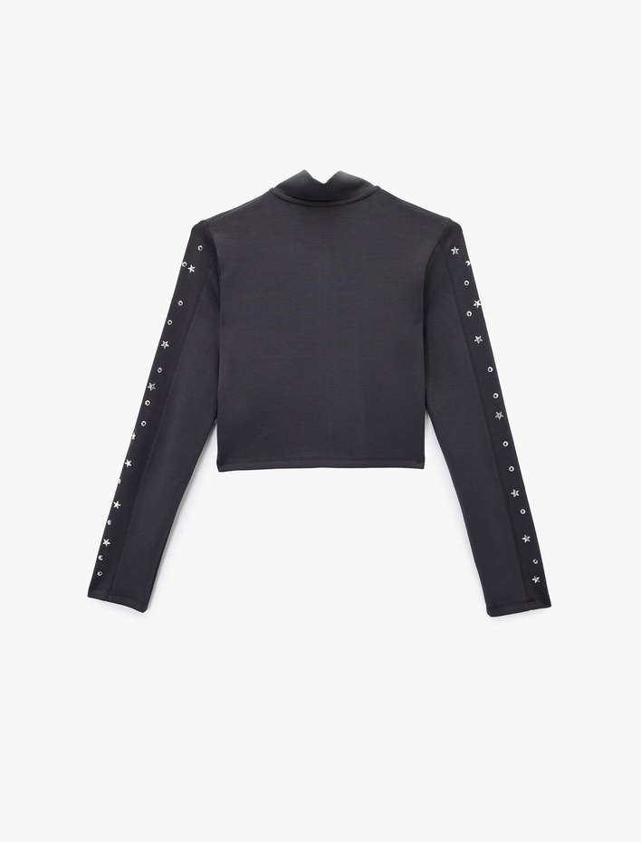  Slim Fit Fermuarlı Uzun Kollu Dik Yaka Yıldız ve Zımba Detaylı Crop Hırka