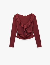 Fırfır Detaylı Uzun Kollu Slim Fit V Yaka Tişört