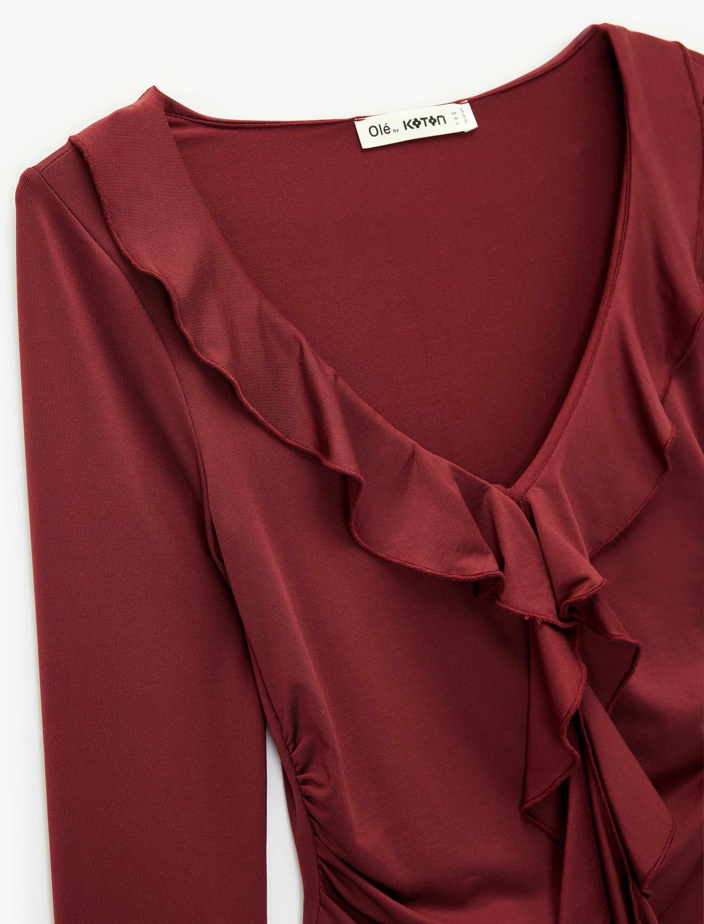   Fırfır Detaylı Uzun Kollu Slim Fit V Yaka Tişört