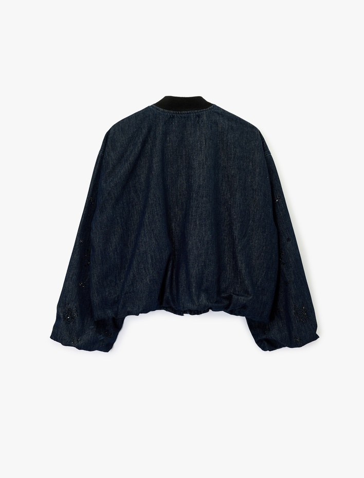  Çıtçıt Düğmeli Taş Detaylı Uzun Kollu Dik Yaka Denim Ceket