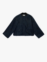 Çıtçıt Düğmeli Taş Detaylı Uzun Kollu Dik Yaka Denim Ceket