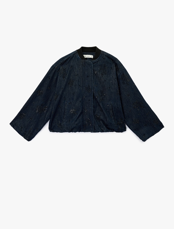  Çıtçıt Düğmeli Taş Detaylı Uzun Kollu Dik Yaka Denim Ceket
