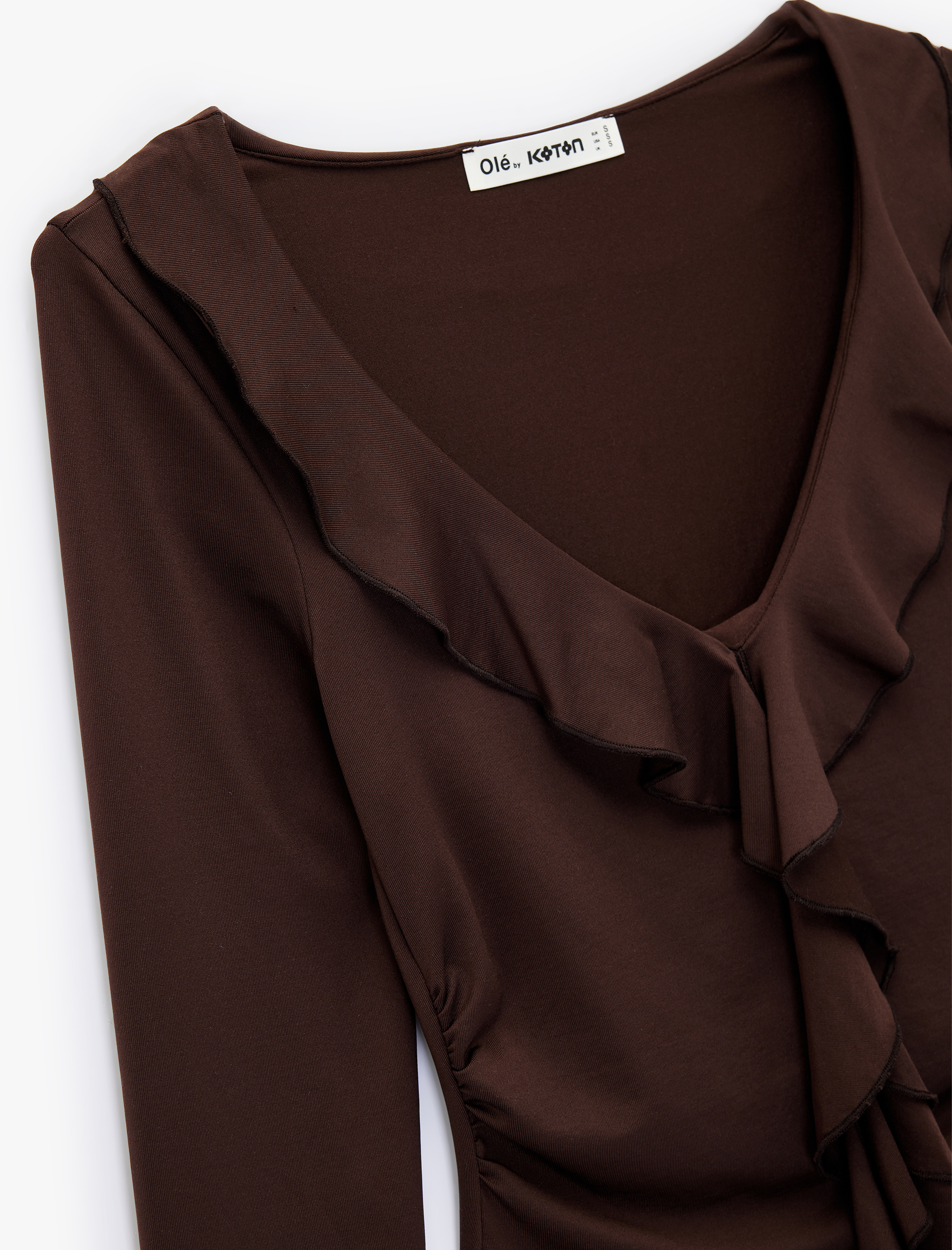   Fırfır Detaylı Uzun Kollu Slim Fit V Yaka Tişört