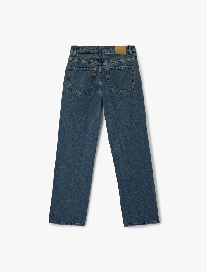  Yüksek Bel Düz Paça Cepli Düğmeli Jean Pantolon - Straight Fit Jean