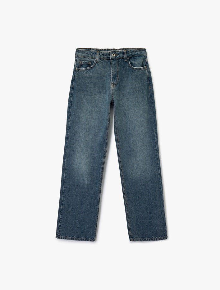  Yüksek Bel Düz Paça Cepli Düğmeli Jean Pantolon - Straight Fit Jean