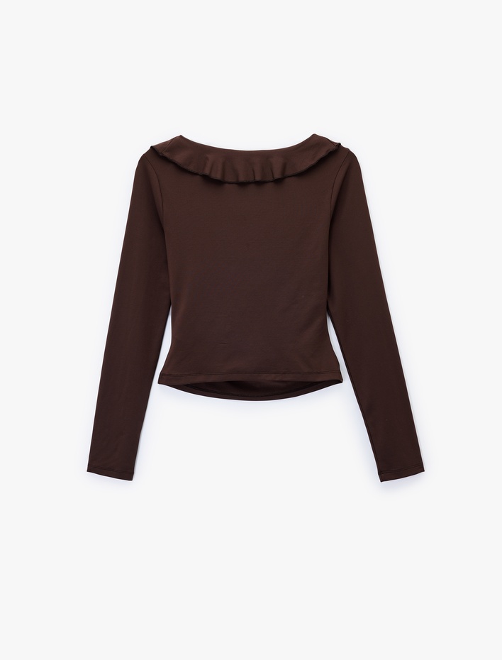  Fırfır Detaylı Uzun Kollu Slim Fit V Yaka Tişört