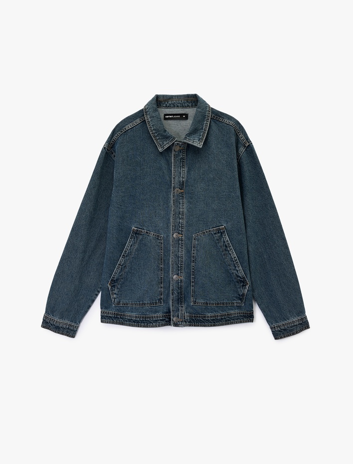  Uzun Kollu Cepli Gömlek Yaka Düğmeli Rahat Kalıp Jean Ceket