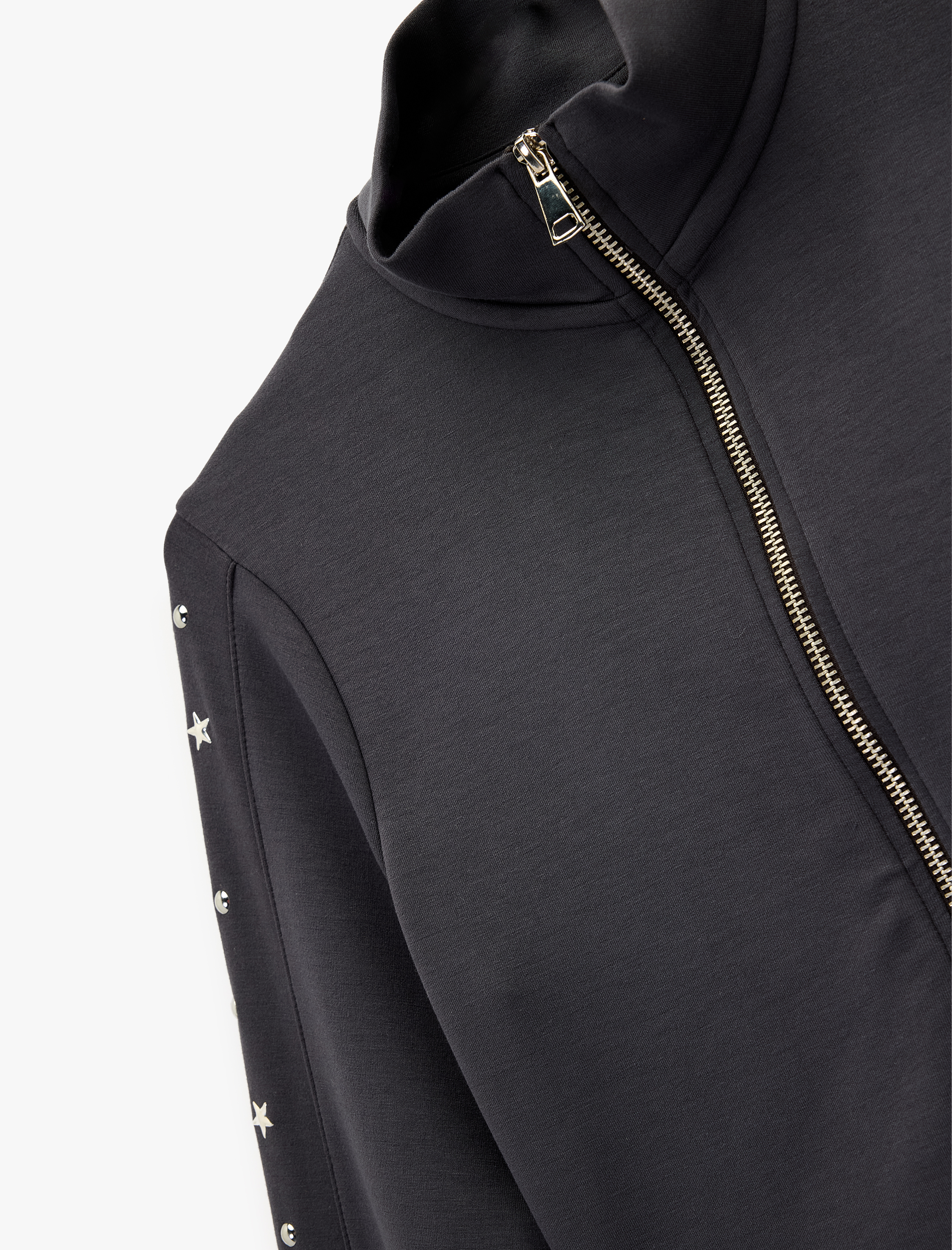   Slim Fit Fermuarlı Uzun Kollu Dik Yaka Yıldız ve Zımba Detaylı Crop Hırka