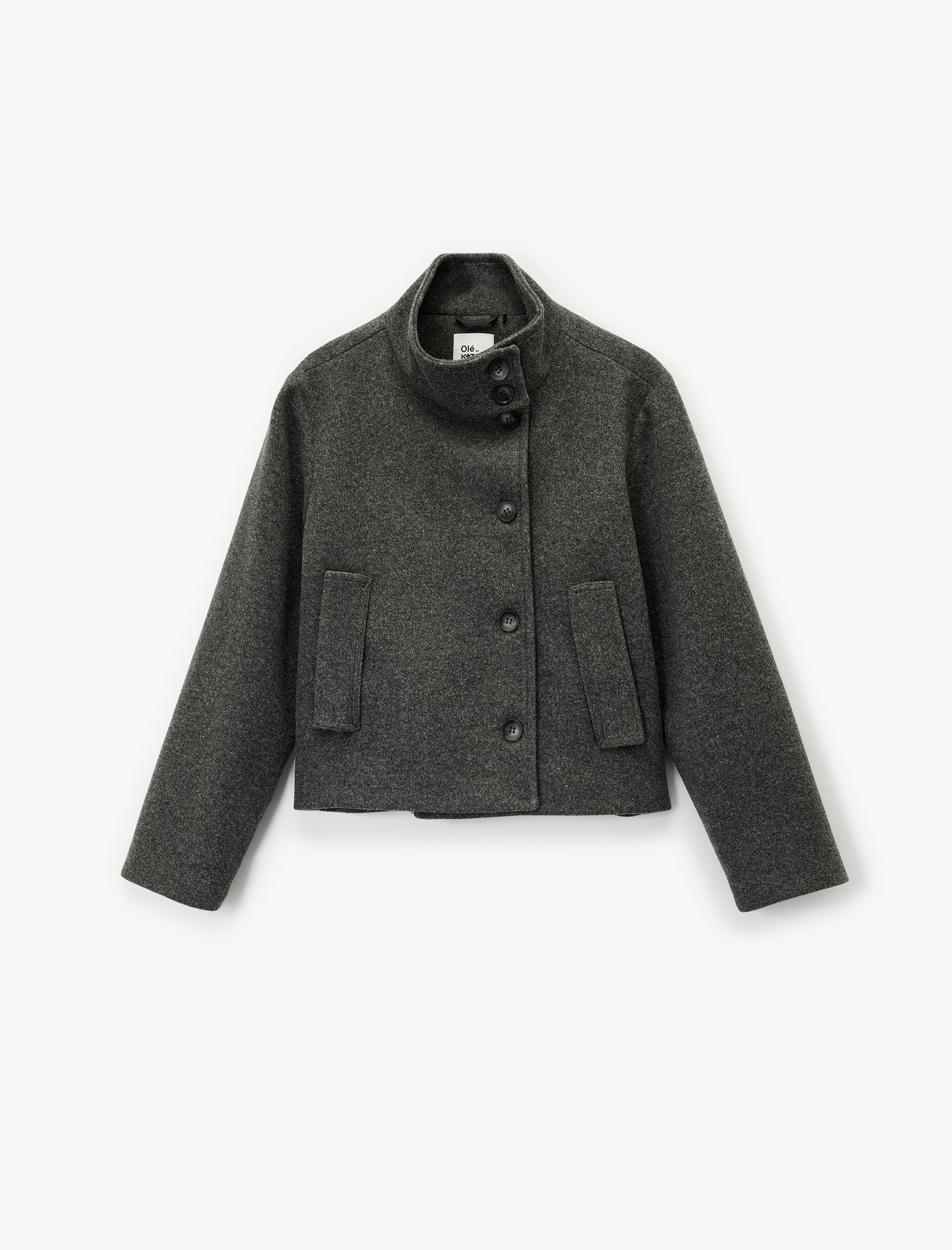   Düğmeli Cep Detaylı Uzun Kollu Dik Yaka Mont