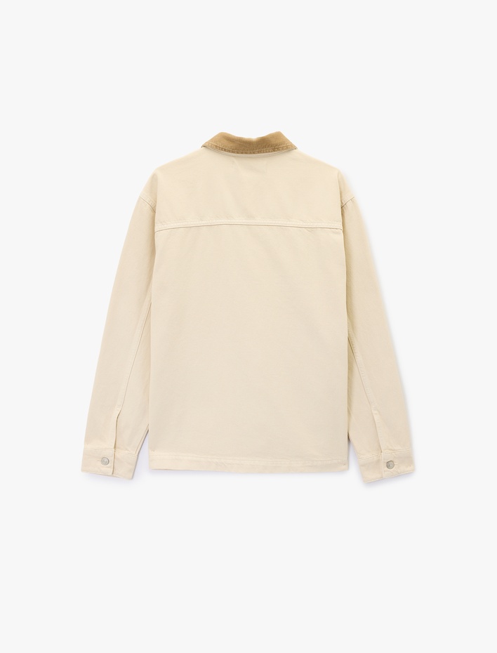  Rahat Kalıp Cepli Pamuklu Renk Kontrastlı Gömlek Yaka Jean Ceket