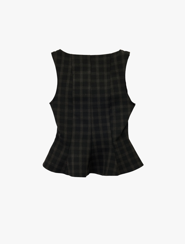  Kare Yaka Kolsuz Ekose Peplum Bluz