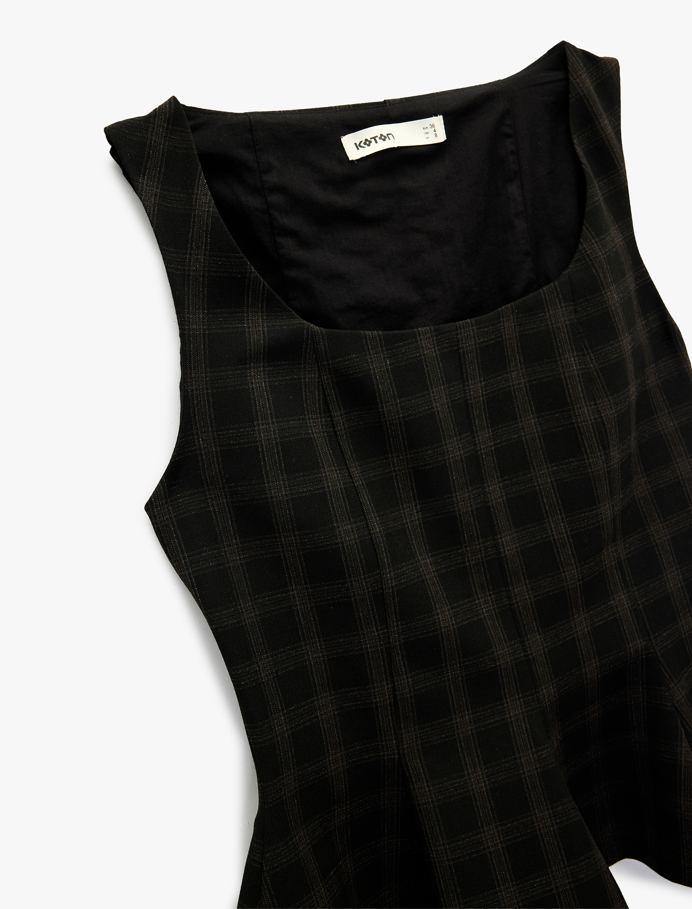   Kare Yaka Kolsuz Ekose Peplum Bluz