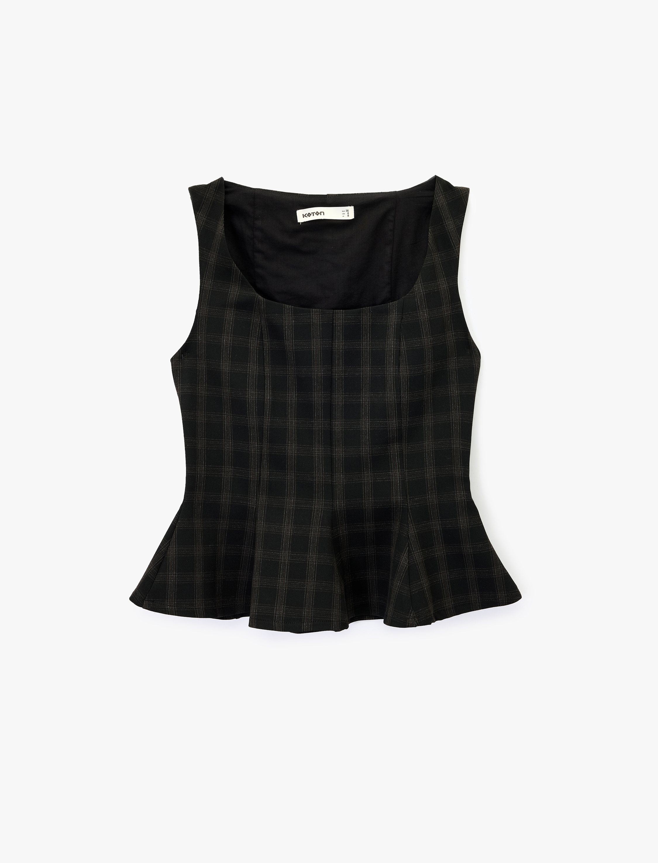   Kare Yaka Kolsuz Ekose Peplum Bluz