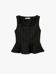 Kare Yaka Kolsuz Ekose Peplum Bluz