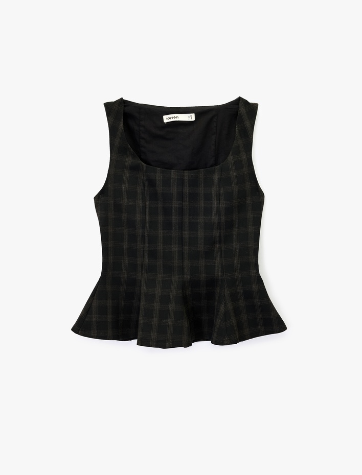  Kare Yaka Kolsuz Ekose Peplum Bluz