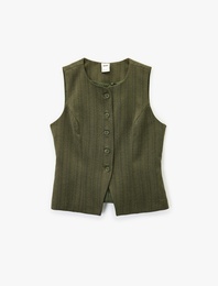 Flanel Kumaş Düğmeli Yuvarlak Yaka Blazer Yelek