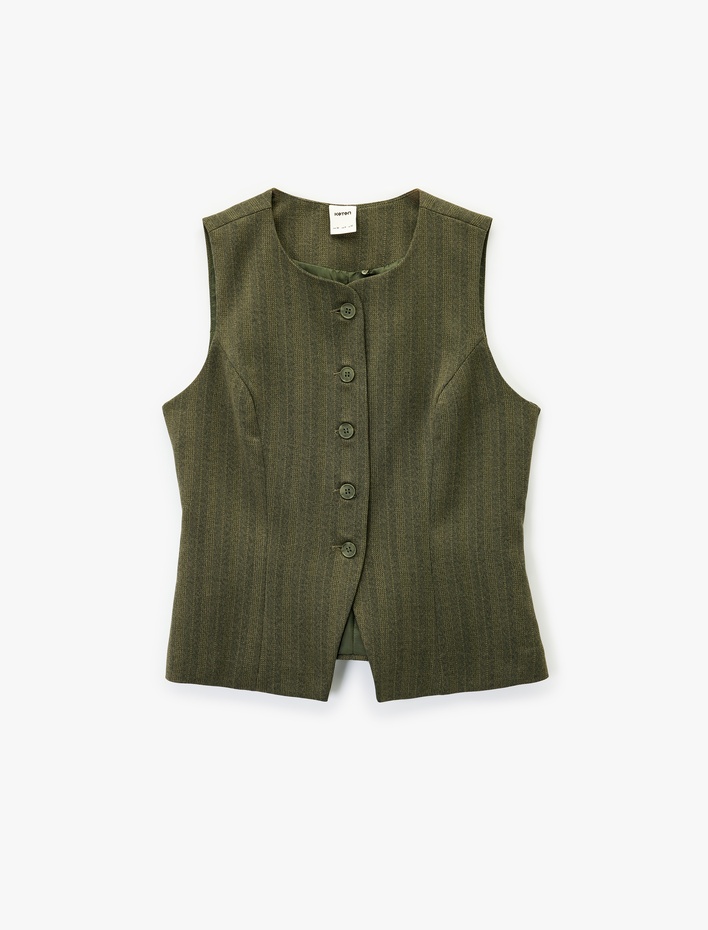  Flanel Kumaş Düğmeli Yuvarlak Yaka Blazer Yelek