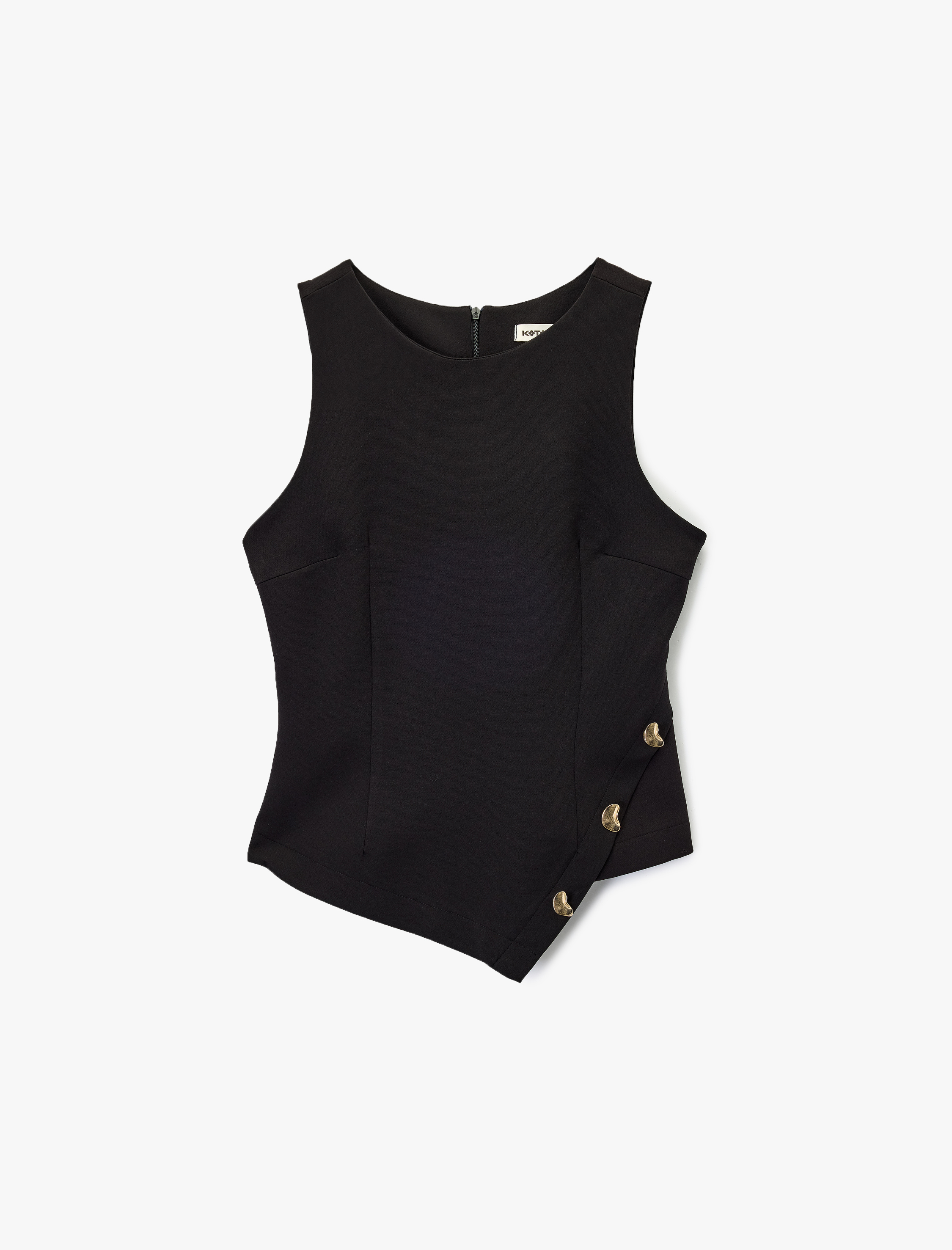   Asimetrik Kesim Aksesuar Detaylı Bisiklet Yaka Kolsuz Bluz