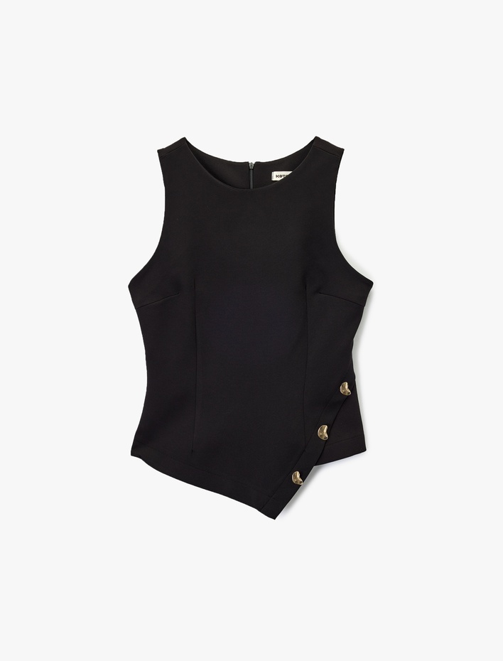  Asimetrik Kesim Aksesuar Detaylı Bisiklet Yaka Kolsuz Bluz