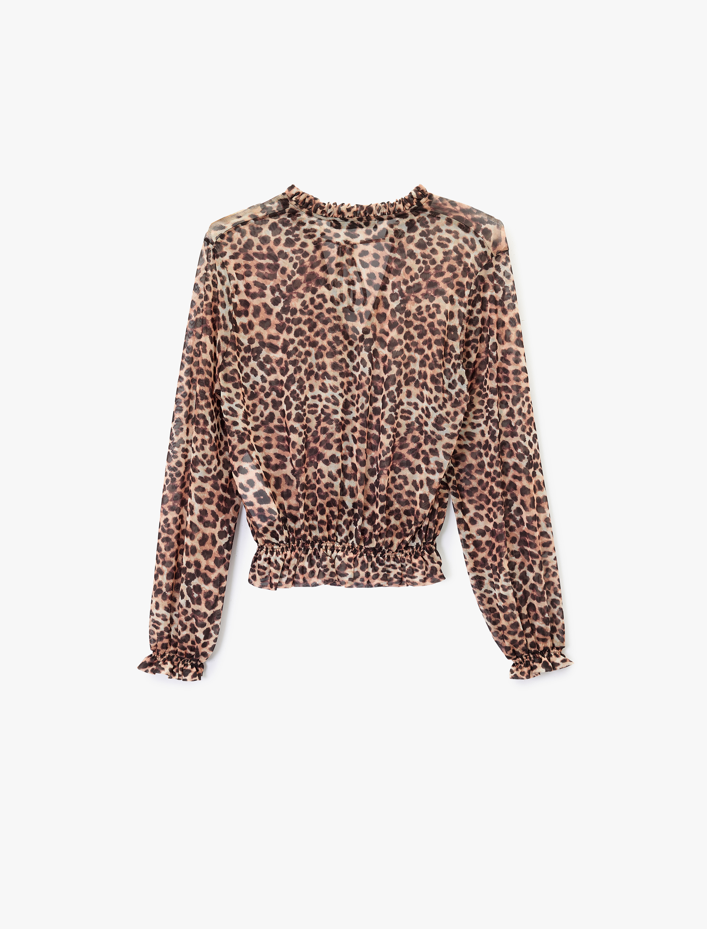   Rahat Kalıp Uzun Kollu Gipeli Bağlamalı Yaka Leopar Desenli Tül Bluz