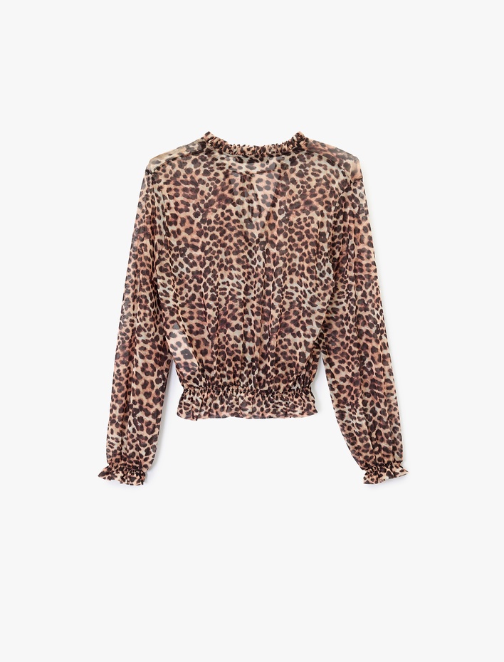  Rahat Kalıp Uzun Kollu Gipeli Bağlamalı Yaka Leopar Desenli Tül Bluz