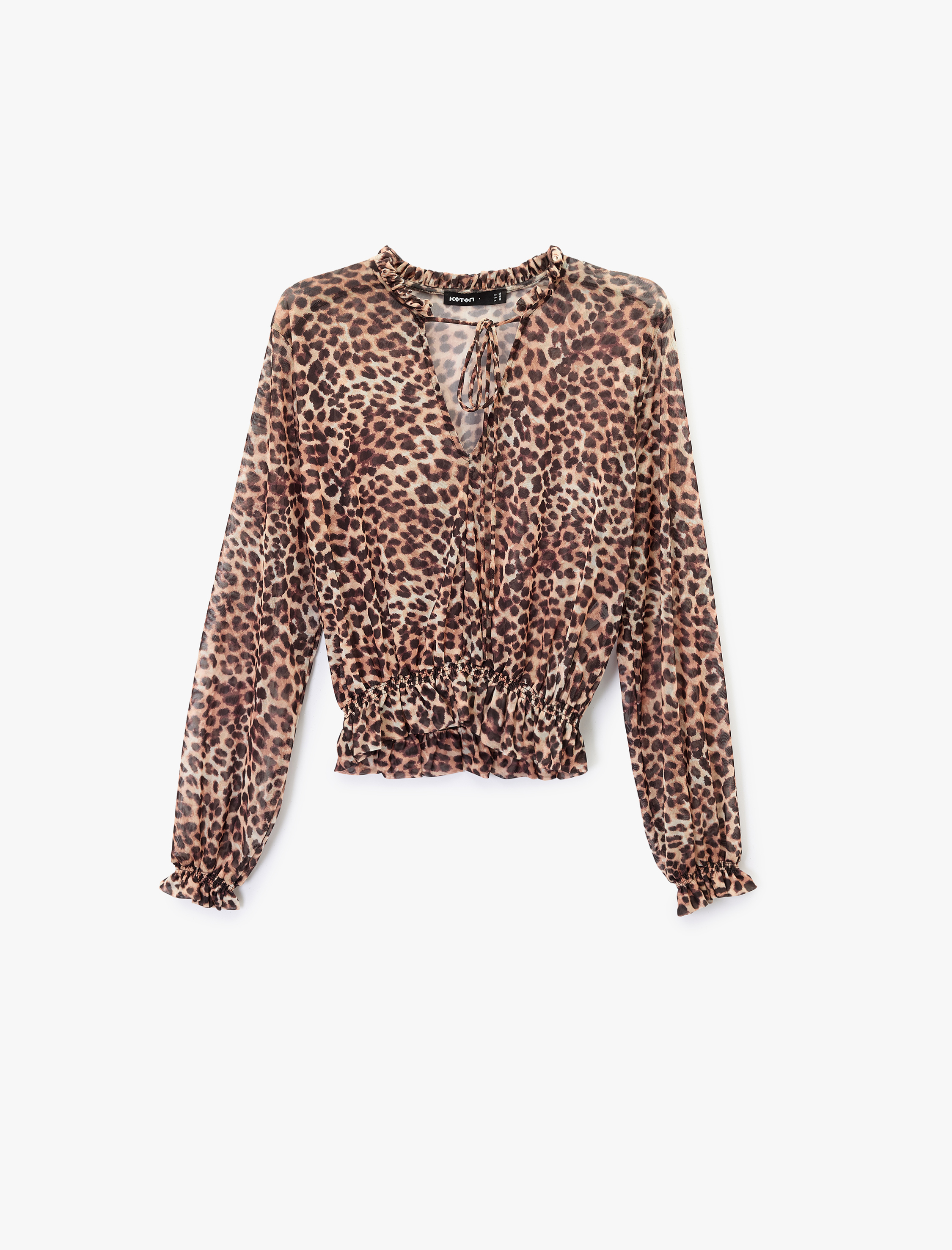   Rahat Kalıp Uzun Kollu Gipeli Bağlamalı Yaka Leopar Desenli Tül Bluz