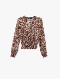 Rahat Kalıp Uzun Kollu Gipeli Bağlamalı Yaka Leopar Desenli Tül Bluz