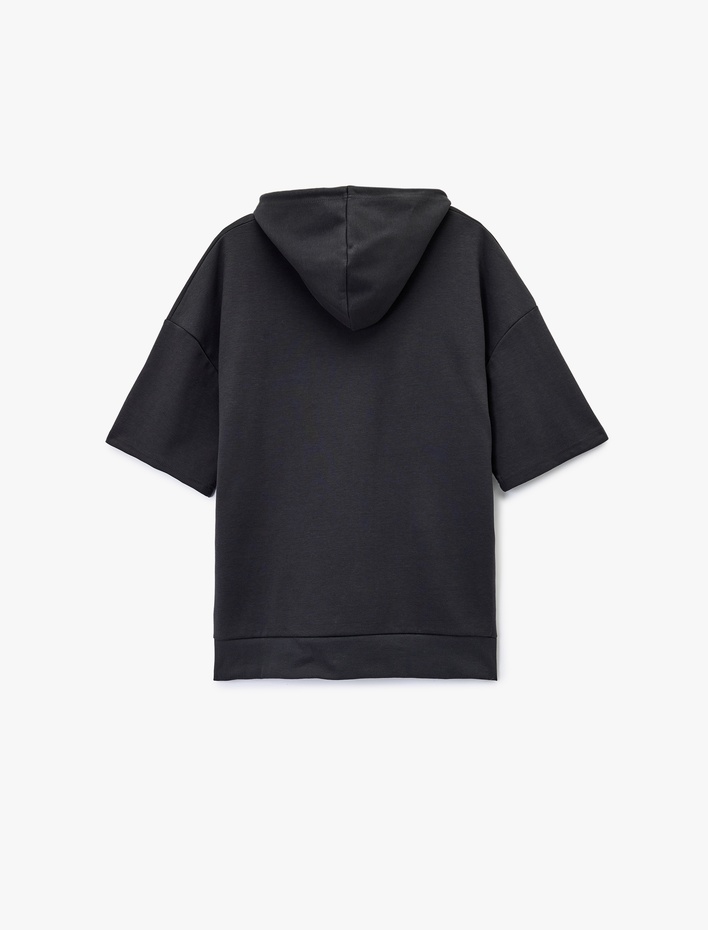  Kısa Kollu Kapşonlu Pamuklu Oversize Spor Sweatshirt