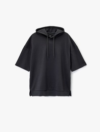 Kısa Kollu Kapşonlu Pamuklu Oversize Spor Sweatshirt