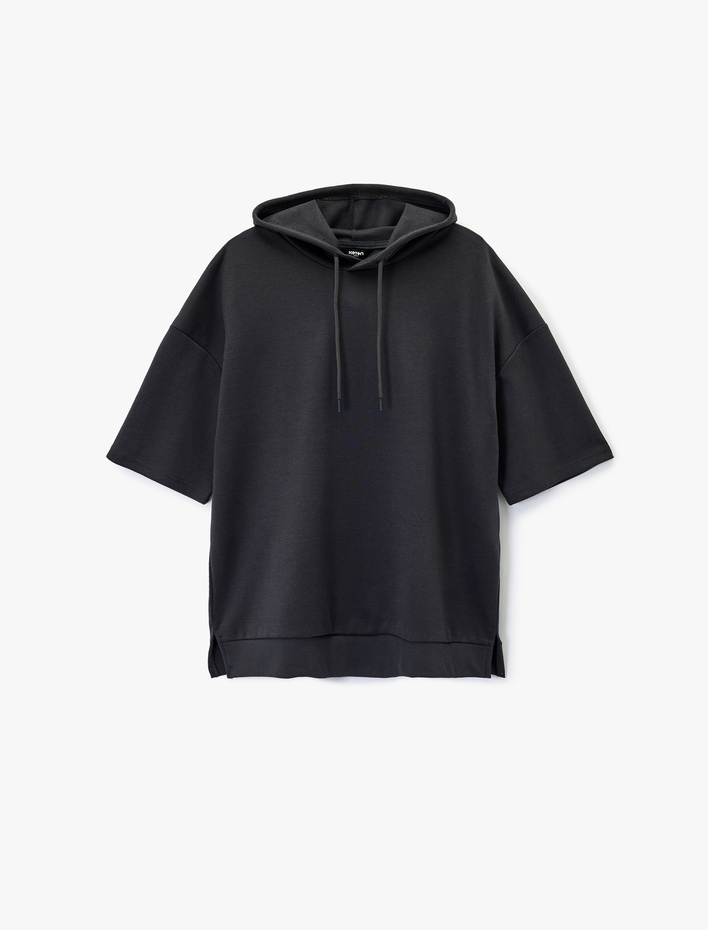  Kısa Kollu Kapşonlu Pamuklu Oversize Spor Sweatshirt