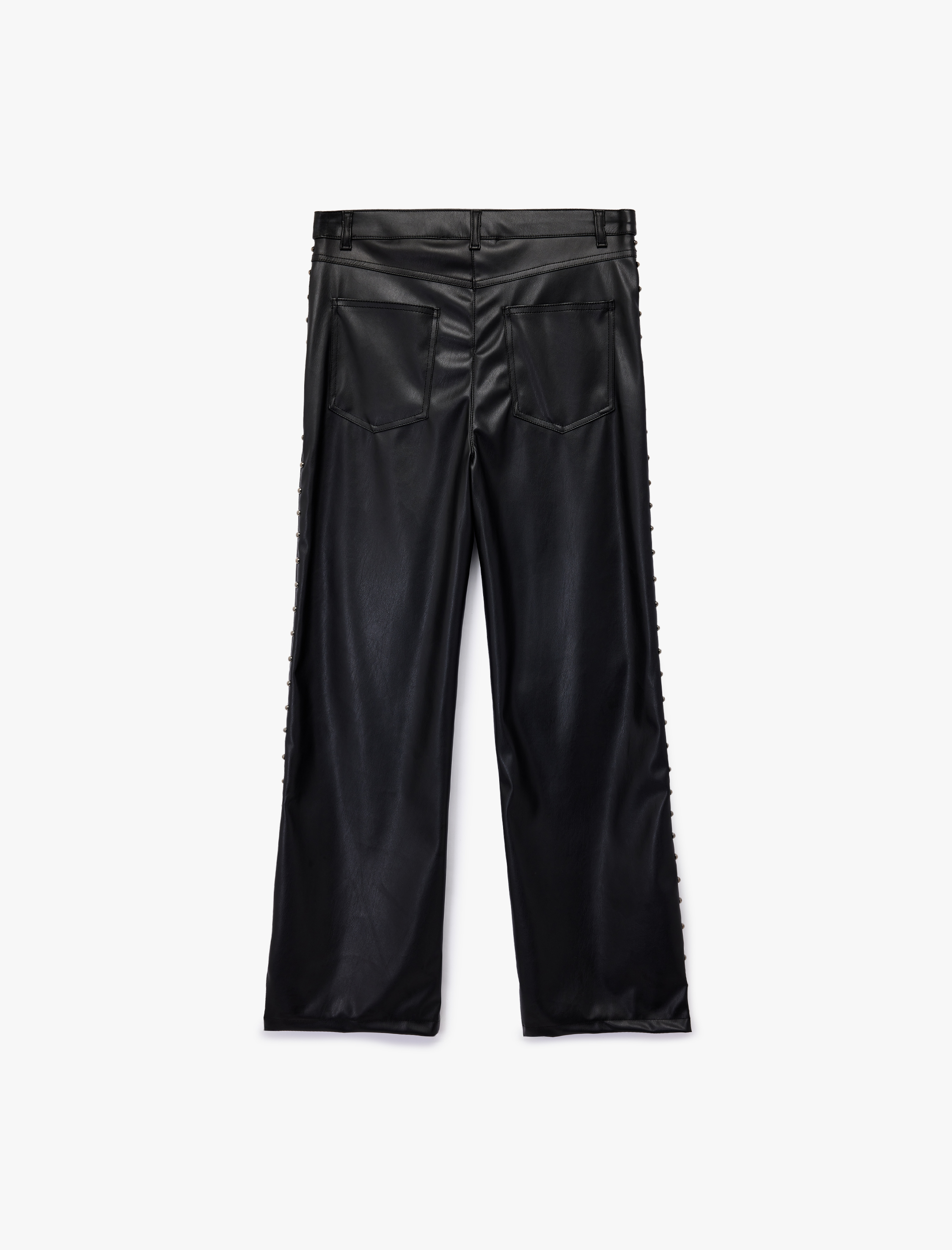   Normal Bel Düğmeli Cepli Metal Aksesuarlı Düz Paça Suni Deri Pantolon