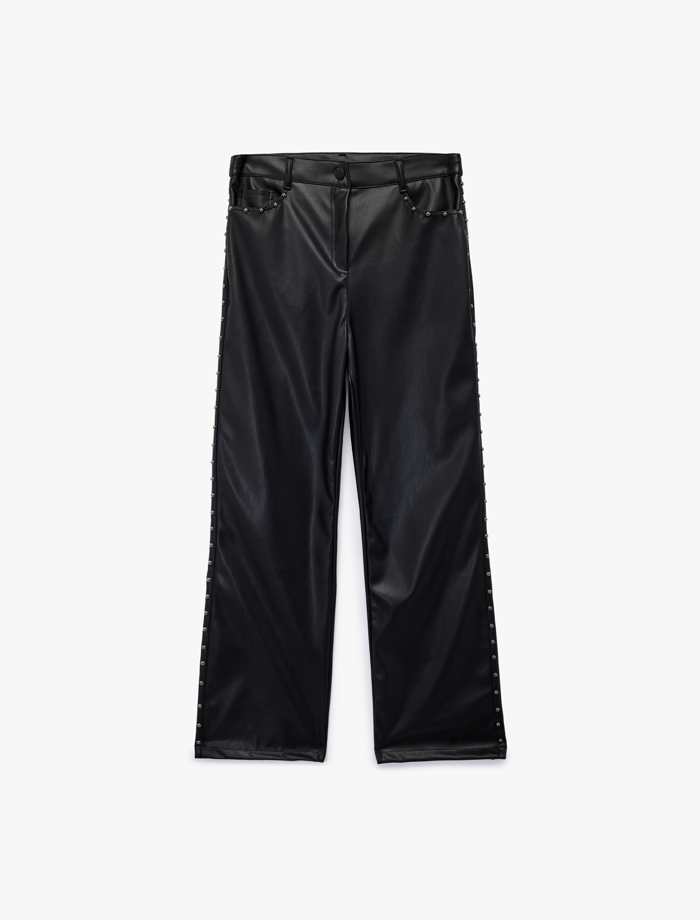   Normal Bel Düğmeli Cepli Metal Aksesuarlı Düz Paça Suni Deri Pantolon