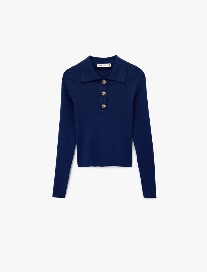  Koton X Melis Ağazat - Uzun Kollu Yarım Düğme Detaylı Polo Yaka Triko Kazak