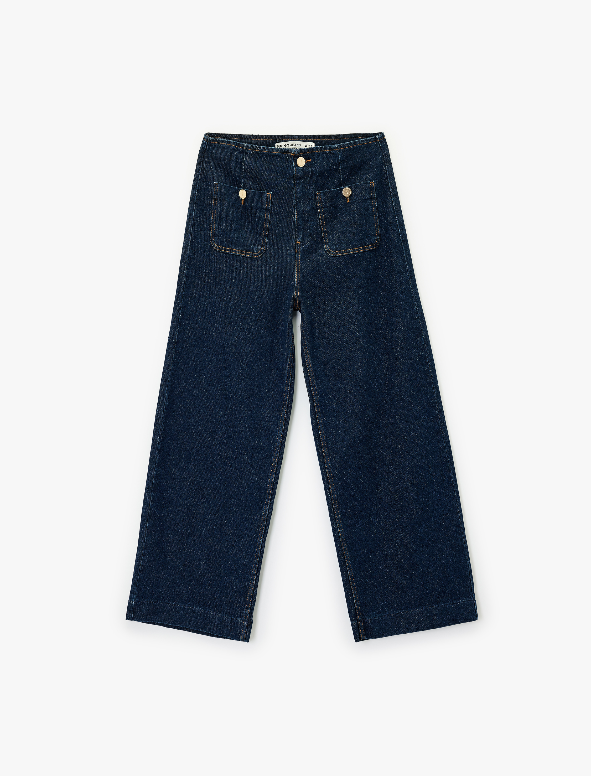   Yüksek Bel Cep Detaylı Rahat Kalıp Geniş Paça Jean Pantolon - Culotte Jeans