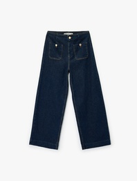 Yüksek Bel Cep Detaylı Rahat Kalıp Geniş Paça Jean Pantolon - Culotte Jeans