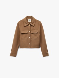 Uzun Kollu Cepli Düğmeli Kısa Kaşe Ceket