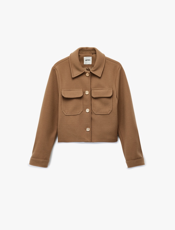  Uzun Kollu Cepli Düğmeli Kısa Kaşe Ceket