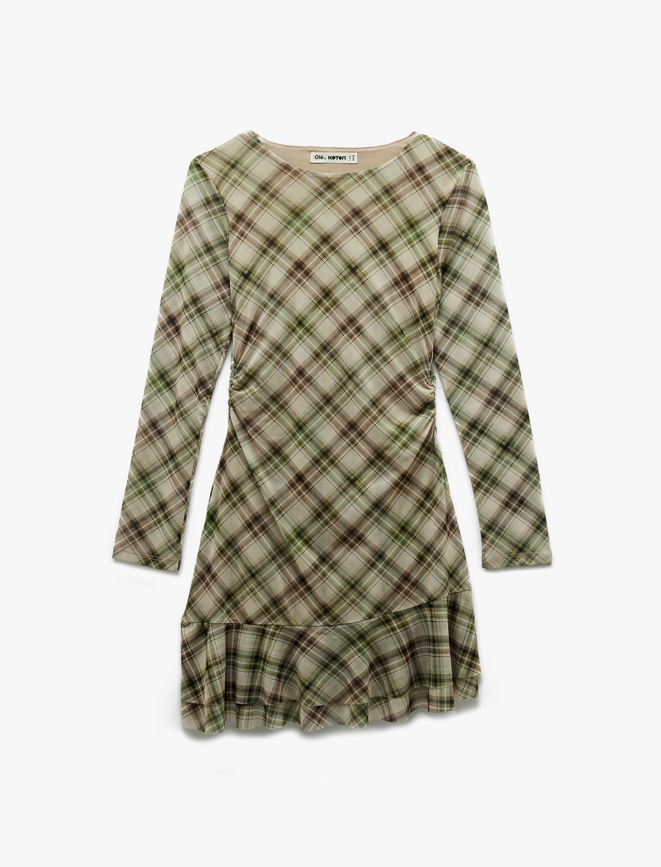   Uzun Kollu Bisiklet Yaka Drape Detaylı Mini Ekoseli Elbise