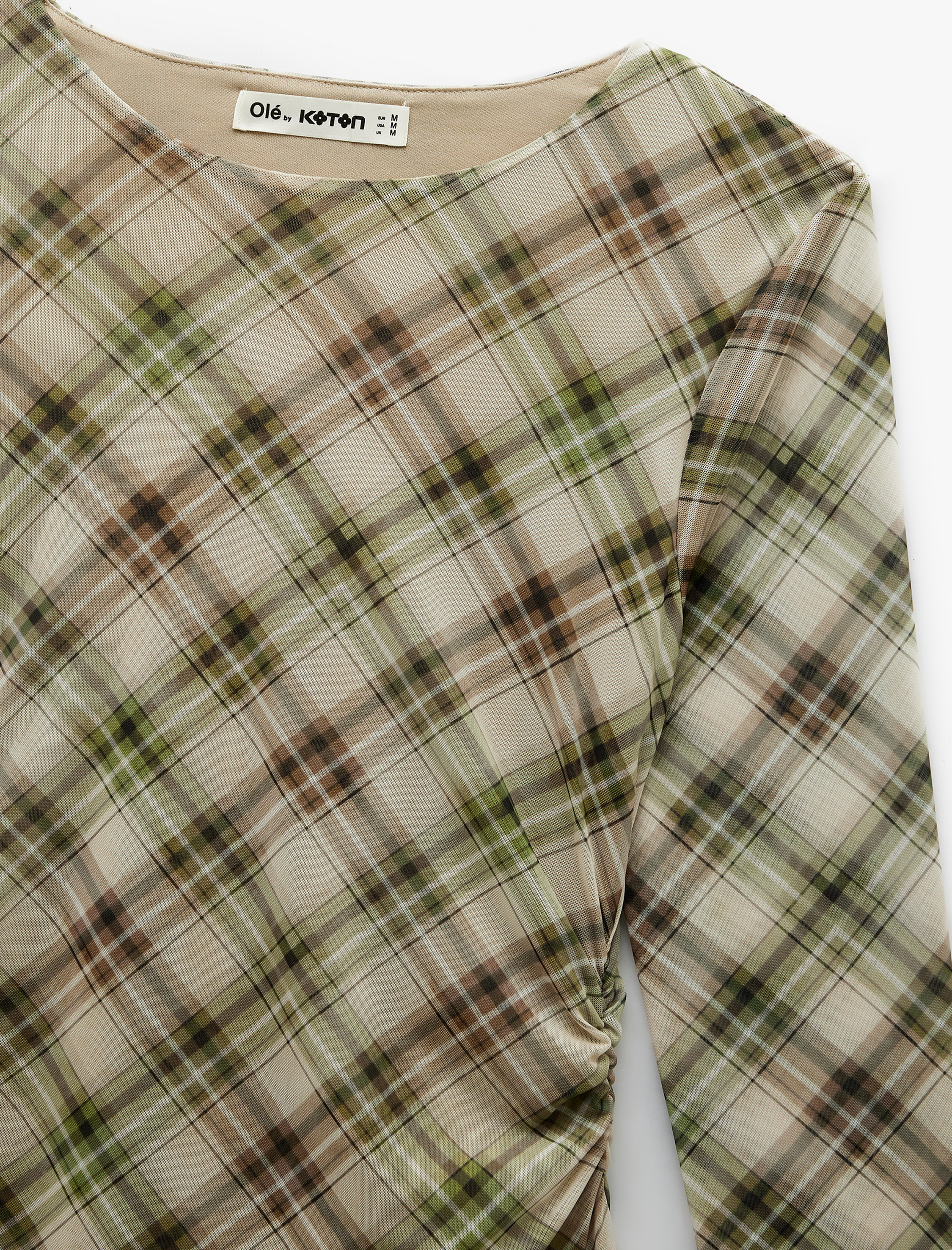   Uzun Kollu Bisiklet Yaka Drape Detaylı Mini Ekoseli Elbise