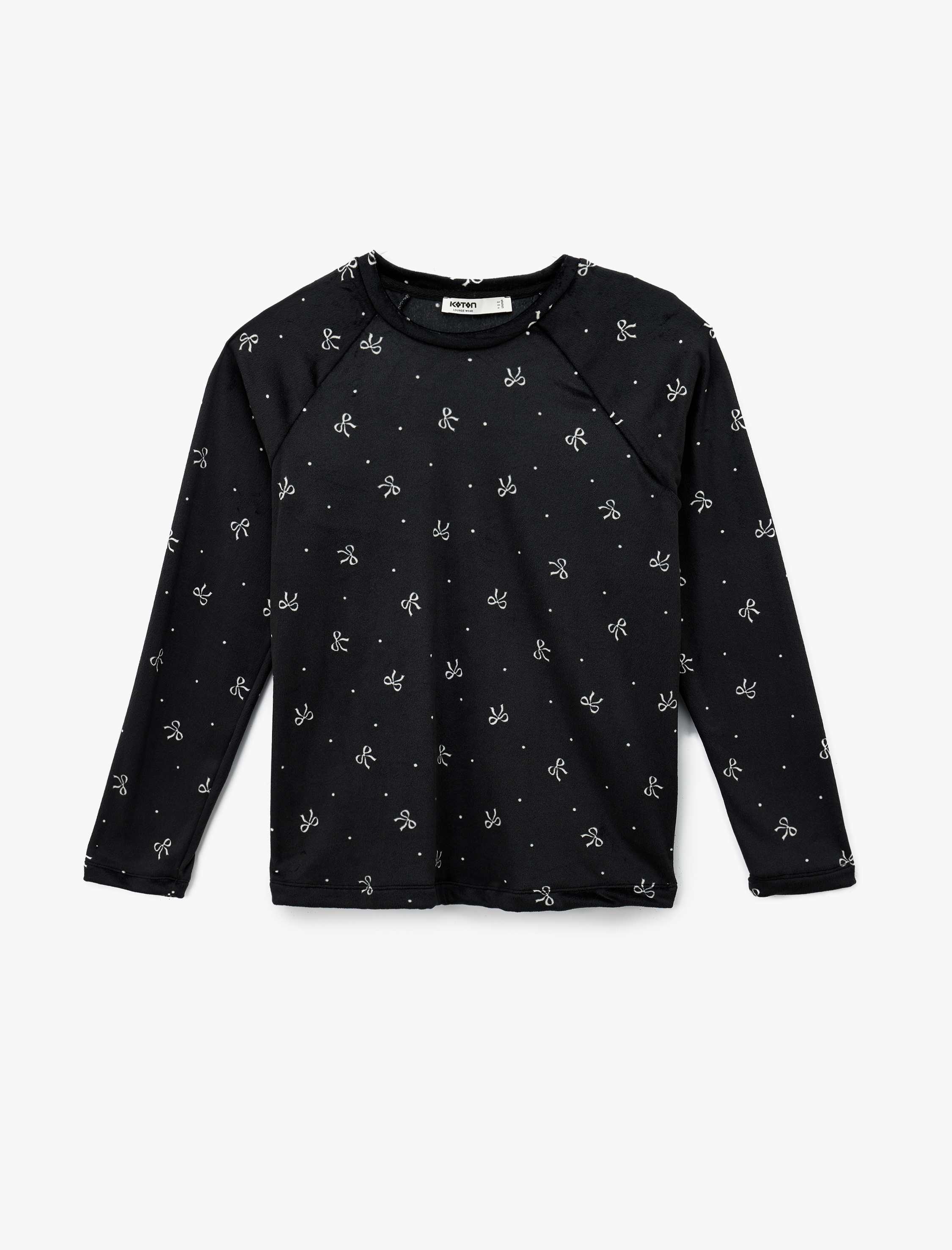   Uzun Kollu Bisiklet Yaka Fiyonk Desenli Kadife Pijama Üstü