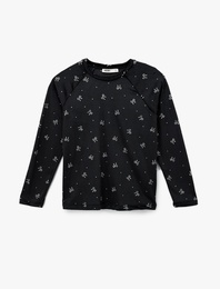 Uzun Kollu Bisiklet Yaka Fiyonk Desenli Kadife Pijama Üstü