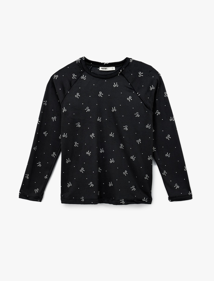  Uzun Kollu Bisiklet Yaka Fiyonk Desenli Kadife Pijama Üstü